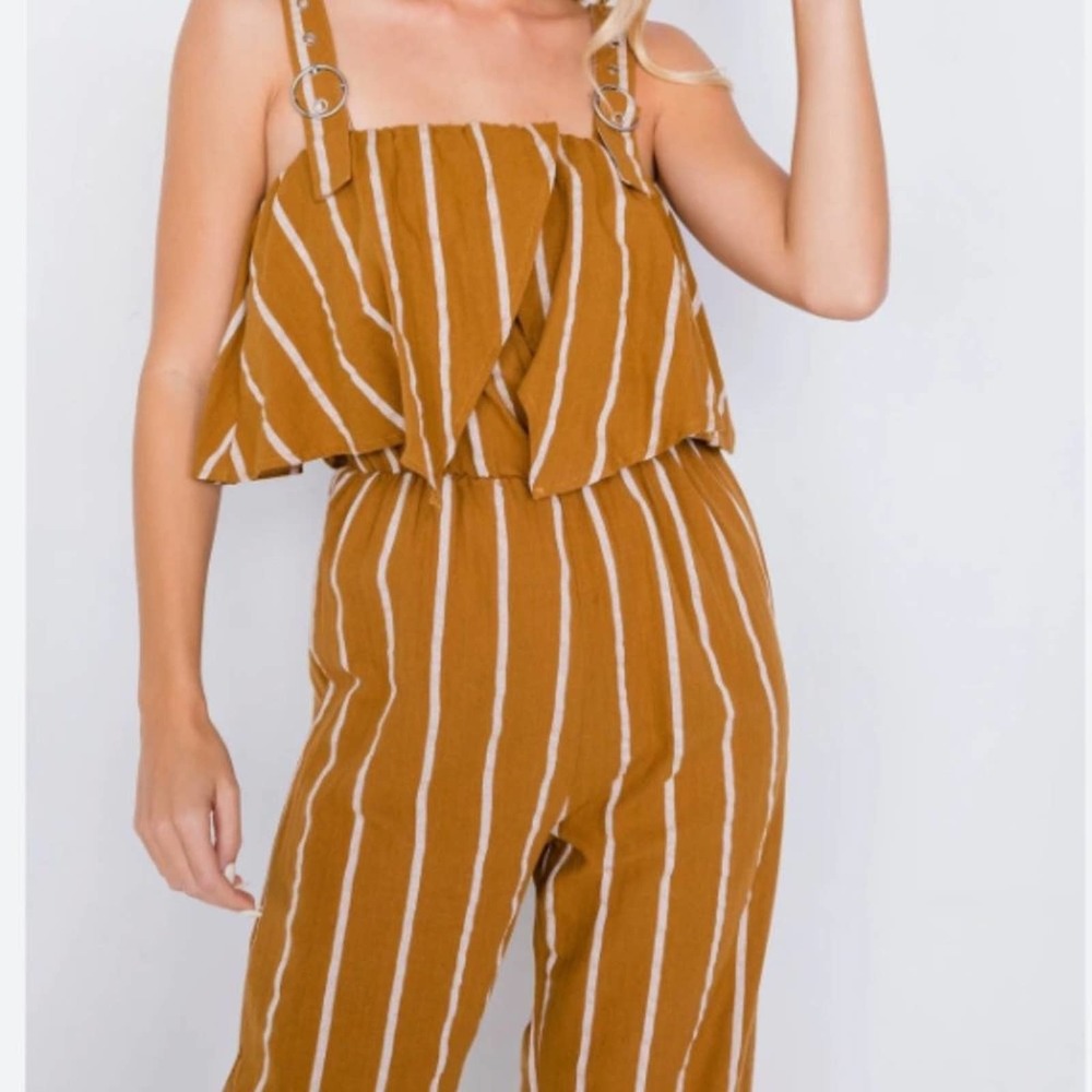 Mustard Stripe Buckle Shoulder Wide Leg Jumpsuit